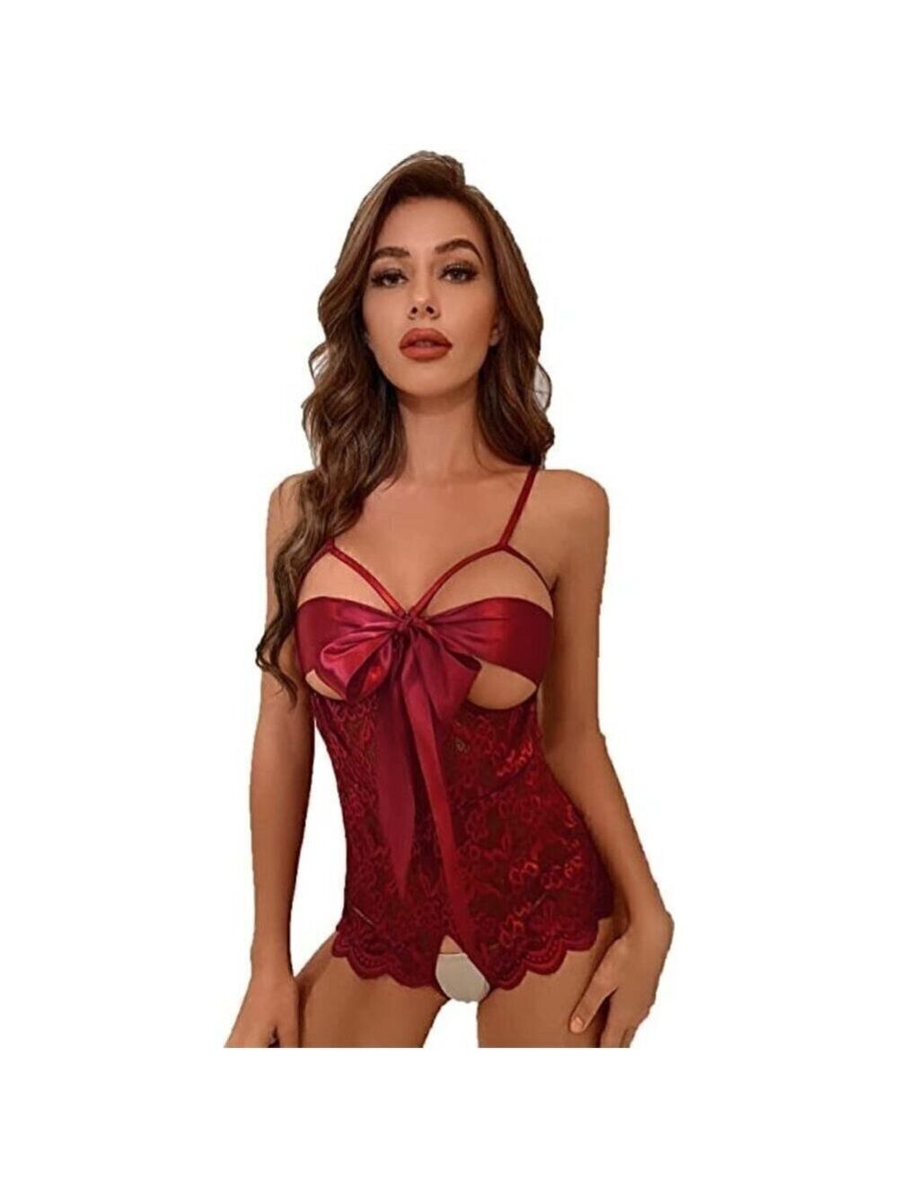Front Bow Cover Red Teddy Lingerie One Piece Floral Lace Bodysuit Babydoll NWT
